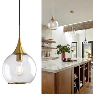 Pendant Lights Kitchen Island: Brushed Gold Light Fixture Farmhouse with Clear Glass - 10 Inch Mid Century Globe Kitchen Lighting Fixtures Ceiling for Dining Room, 1 Pack-10inch