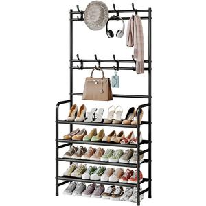 Coat Rack Shoe Rack With Storage Shelf Freestanding with 8 Hooks for Entryway Bedroom Closet 4 Tier, Black
