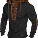 Men's Henley Shirt Hooded Long Sleeve Lace Up Vintage Solid Casual T-shirt Tactical Patchwork Western Tee Sports (X-Large, Black)