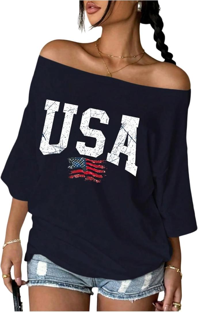 SOLY HUX Women's Graphic Tees Off The Shoulder Letter Print Oversized T Shirt Half Sleeve Casual Summer Tops (Blue, L)