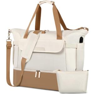 Gym Bag for Women, Super Large Sports Travel Duffel Bag with USB Charging Port, Weekender Overnight Bag with Wet Pocket & Shoes Compartment, 24*9.25*16.5inch, Carry On Bag for Travel, Hospital,Beige