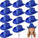 Coume 12 Pcs Cowboy Hat Sparkly Glitter Neon Cowgirl Hat for Women Holographic Space Cap for Bachelor Western Cowboy Party (Blue)