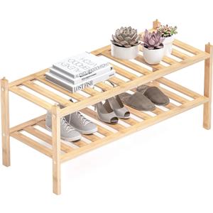 Shoe Rack, 2-Tier Bamboo Stackable Shelf Storage Organizer, Stand for Closet, Entryway, Hallway, Bathroom and Living RoomNatural