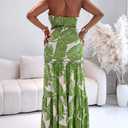 CHICME Floral Printed Prom Dress Tie Ruched Shirred Bandeau Party Dress Slim Fit Ruffle Hem Vacation Dresses (Green, S)