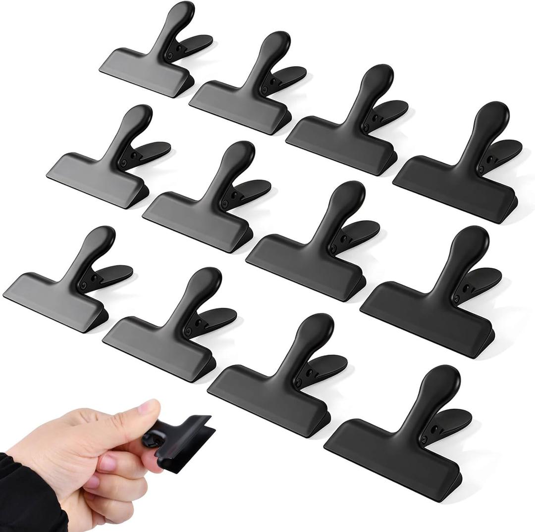 Chip Bag Clips, 12Pcs Stainless Steel Chip Clips for Food Packages, Metal Kitchen Clip for Snack Bags, Food Storage and Office Home Kitchen, Black (Small)