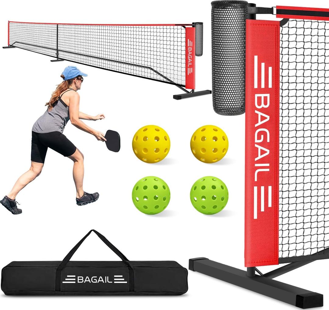 BAGAIL Portable Pickleball Net Set, 22 FT Regulation Size Pickle Ball Net with Ball Collector, Carry Bag, Easy Setup for Outdoor Indoor Driveway - Red