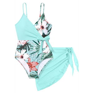 Girls Swimsuit One Piece Bathing Suit Tropical Floral with Adjustable Straps Girls'Swimwear with Cover Up 11-12Y