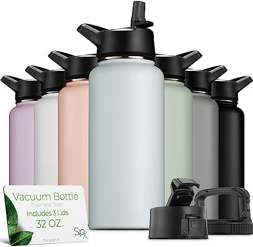 SipX™ Triple-Insulated Stainless Steel Water Bottle 32oz. With 3 Lids, BPA-Free Reusable Insulated Water Bottle Keeps Cold 24 Hours, Metal Water Bottle Made Of Sustainable Material For Hiking & Biking White