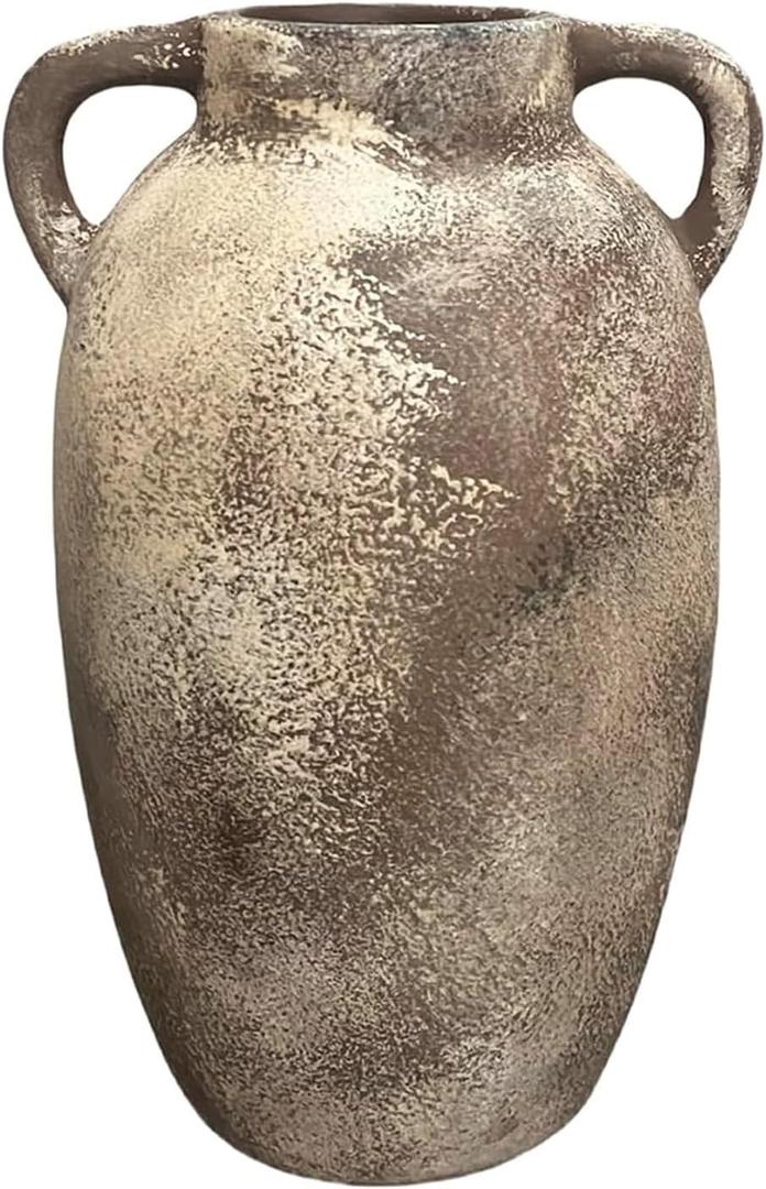 Rustic Ceramic Farmhouse Vase, 9.8 Inch Terra Cotta Vase for Home Decor, Large Pottery Decorative Flower Vase for Living Room, Table Centerpiece, Shelf, Mantel Decoration (Rusty Brown)