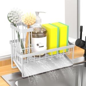 Vanwood Kitchen Sink Caddy Sponge Holder for Kitchen Sink with Brush Holder,Cocina Organizer and Storage Dish Soap Sponge Caddy with Auto Stainless Steel Draining Tray, White, Pack of 2