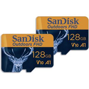 SanDisk 128GB 2-Pack Outdoors FHD microSDXC UHS-I Memory Card (2x128GB) with SD Adapter - Up to 150MB/s, Full HD, C10, U1, V10, A1, Trail Camera Micro SD Card - SDSQUBC-128G-GN6VT