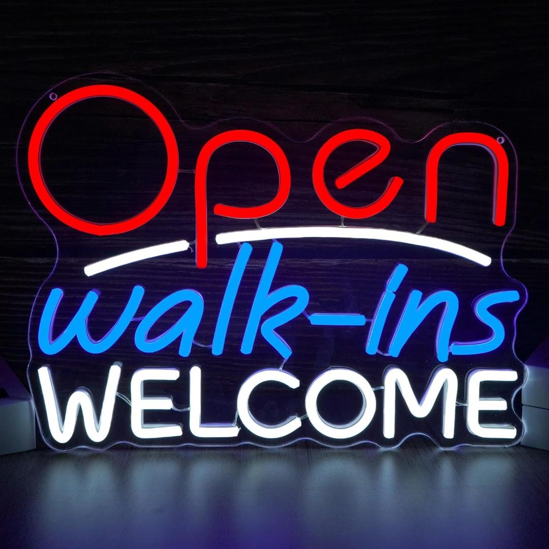 Welcome Walk-ins Neon Sign - Open for Business LED Light Dimmable Usb Powered Large Neon Light for Wall Decor 15.1 * 11.1 inch Attractive Shop Signage for Restaurants, Bars, Salons