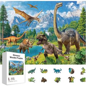 GLOBLELAND 300Pcs Dinosaur Wooden Jigsaw Puzzles for Adults 11.22x15.16inch Jurassic World Wooden Puzzles Children Colorful Unique Animal Shaped Wood Puzzles for Holidays Birthday