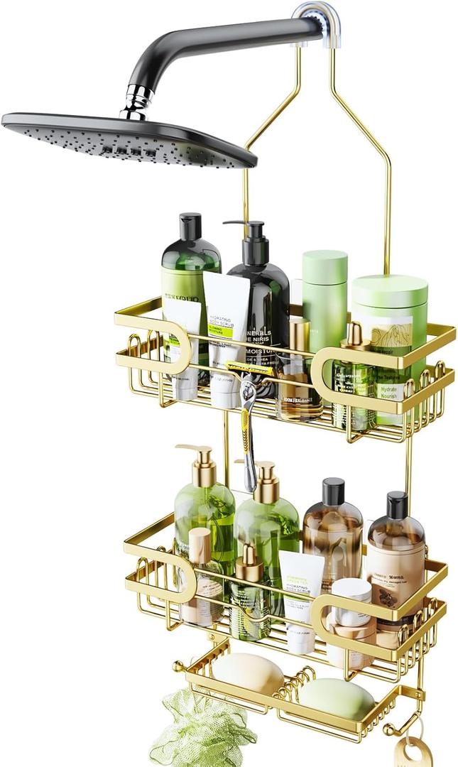 HapiRm Shower Caddy over Shower Head with 2 Soap Holders, Rustproof & Waterproof Hanging Bathroom Organizer with 12 Hooks, No Drilling Hanging Bathroom Caddy - Gold