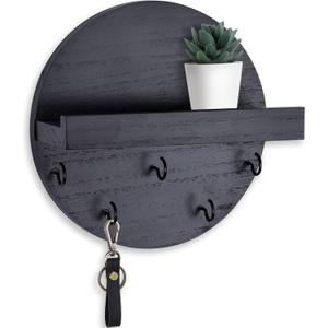 Key Holder for Wall  Decorative Key Hook Shelf for Entryway Decor  7.9 Inch Round Paulownia Wood Hey Hanger with 5 Metal Hooks Includes Mounting Hardware and Installation Guide (Black)