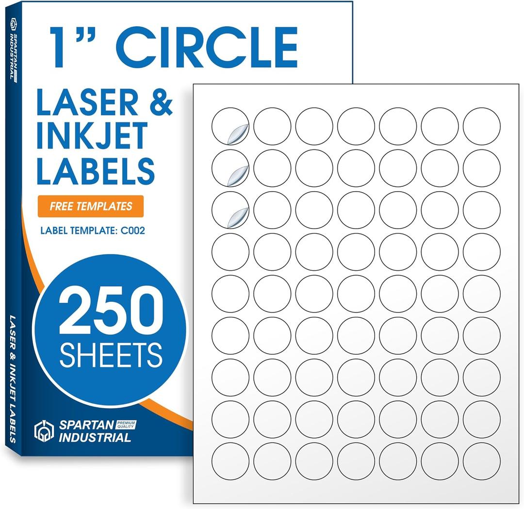 1" Circle Printable Labels Compatible with Inkjet and Laser Printers - 250 Sheets, 15750 Matte White Round Stickers for Pricing, Product Labeling, and Custom Tags - Spartan Industrial Template C002