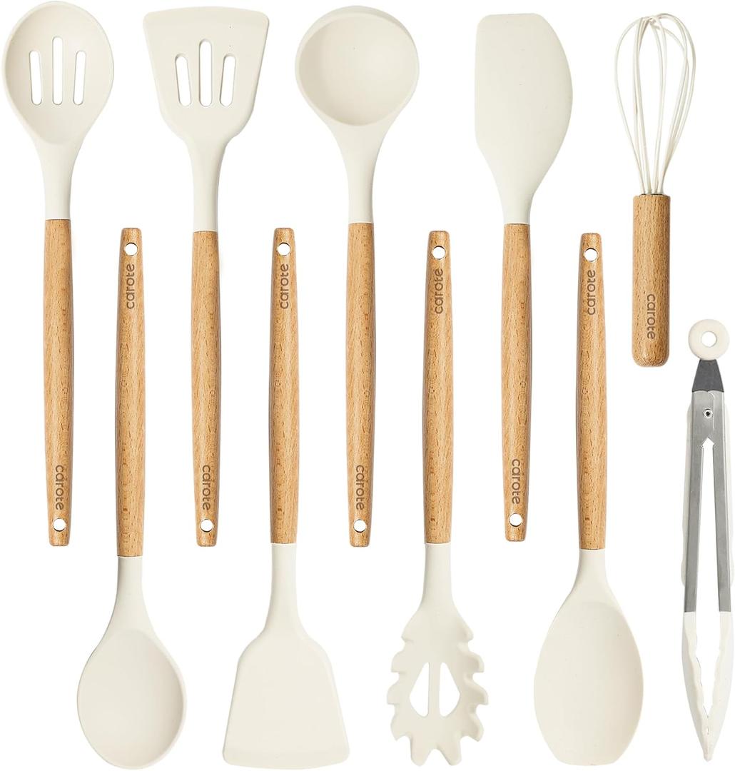 CAROTE Silicone Cooking Utensils Set, Kitchen Utensils Set 10 Pcs for cooking, BPA Free Spatula Set with Heat Resistant Wood Handles for Nonstick Cookware (Cream White) (Basic)