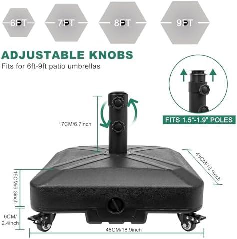 DZ4733 MS Patio Umbrella Base Heavy Duty with Wheels Square Market Stand for Outdoor 4 Locks 1 Knobs 125lb Capacity, Black
