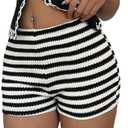 MakeMeChic Women's Striped Shorts Crochet Knit Pajama Micro Mini Boxer Lounge Shorts Summer Bottoms XL Black and White