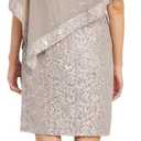 R&M Richards Women's Knee-Length Glitter Sequin Lace Dress W/Sheer Asymmetric Poncho Overlay | Evening Cocktail Attire (Beige)