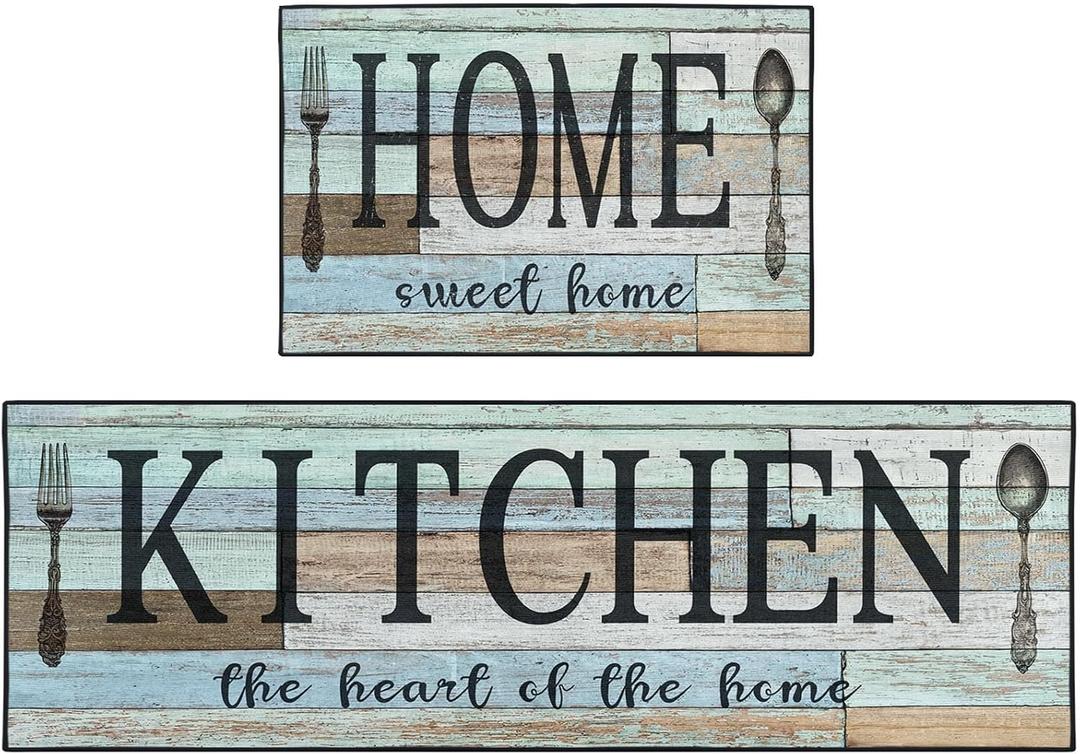 Farmhouse Green Kitchen Rugs and Mats Non Skid Washable Set of 2, Vintage Wooden Board Floor Mats, Sweet Heart Home Runner Rug, Rustic Kitchen Decor (Large)