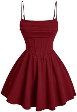SHENHE Women's Ruched Corset Dress Spaghetti Strap Fit and Flare Flowy Skater Mini Cami Dress, Large