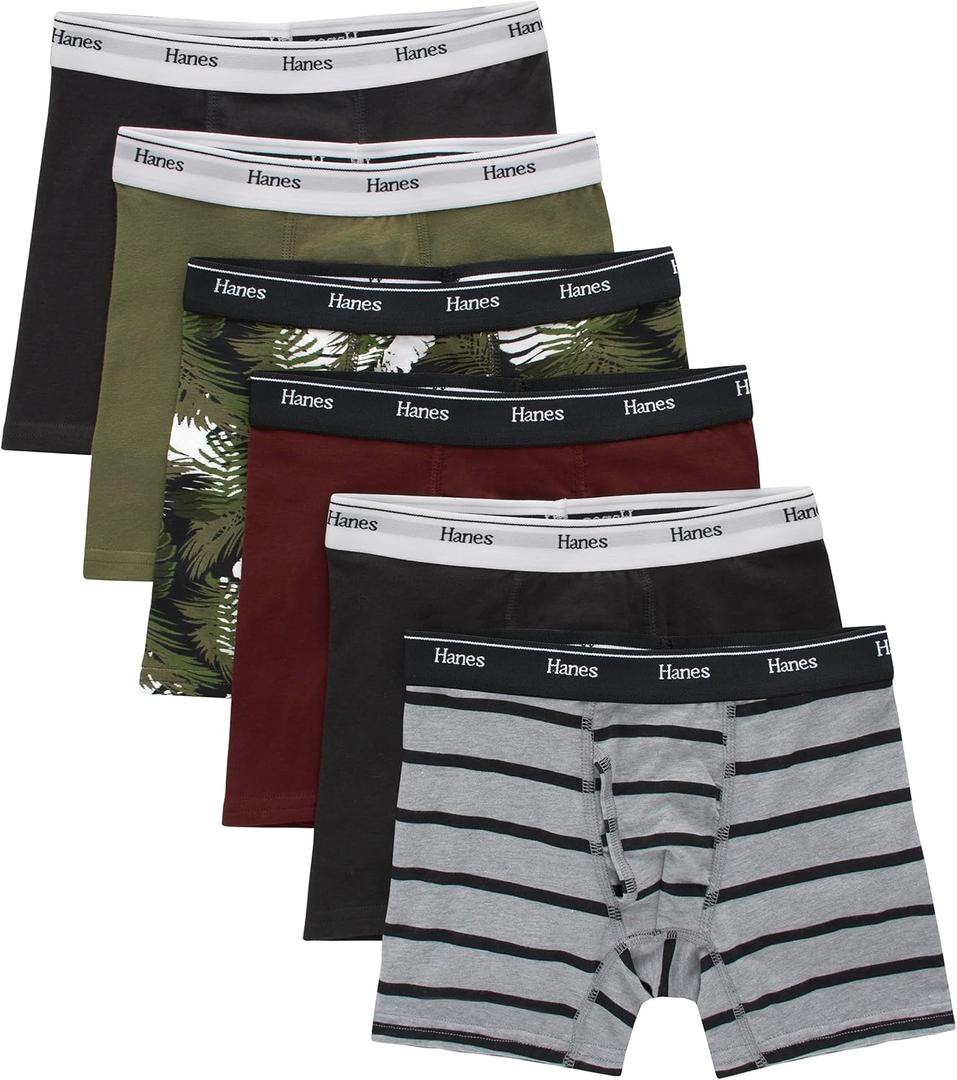 Hanes Boys' Originals Boxer Briefs, Tween Boy Underwear, Cotton Stretch, 6-Pack (Medium, Black/Cargo/Olive Palm/Maroon/Stripe - 6 Pack)