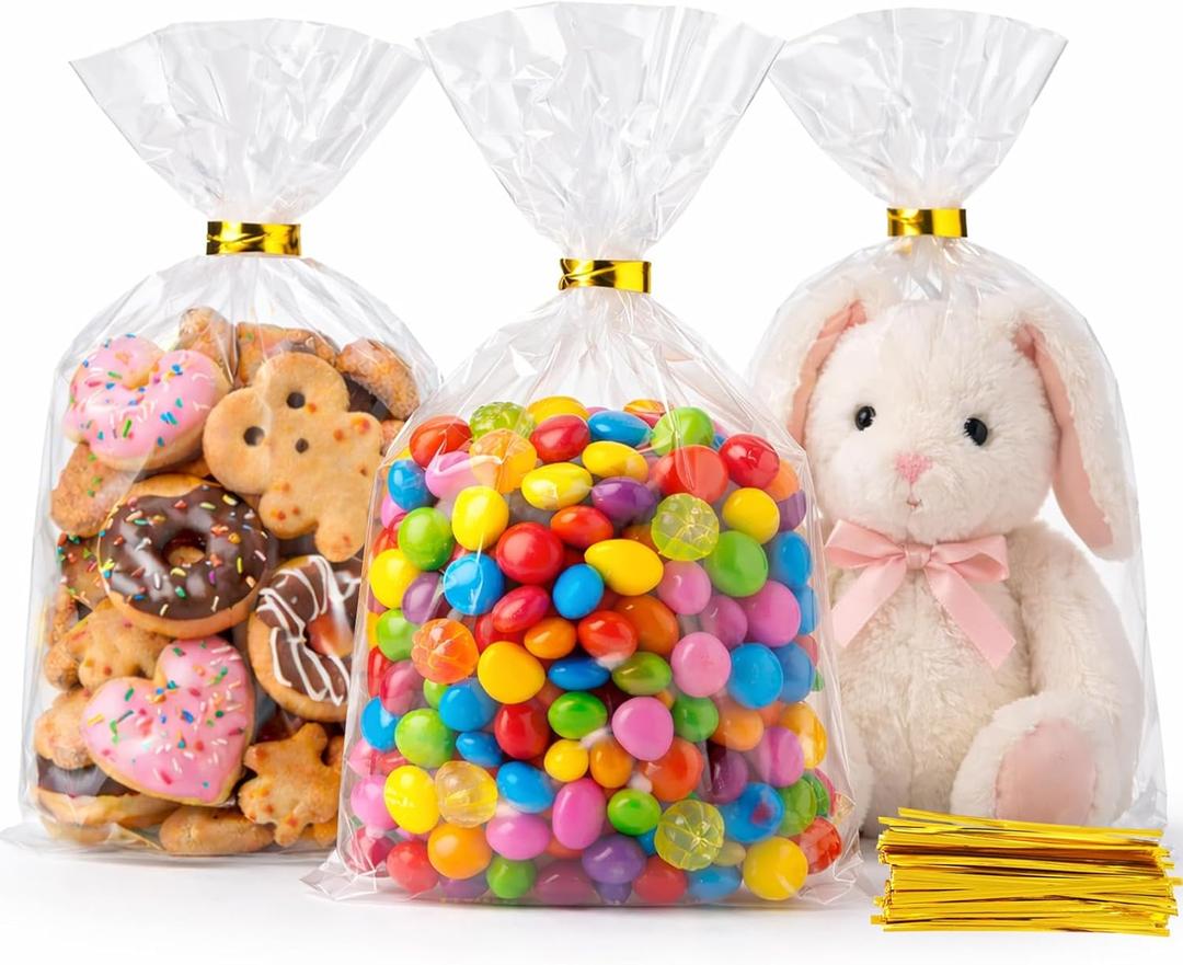 WIKDAY Cellophane Bags 100 PCS 6x10 Inches Clear Gift Gags with Ties Plastic Treat Party Favor Candy Bags for Gift Giving, Packaging Snack, Products