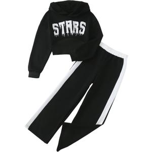 Girls' Clothing Set Crop Top Letter Hoodie Sweatpants Fall Winter Outfits Tween Girl Trendy Clothes Activewear 8-12 (Black)