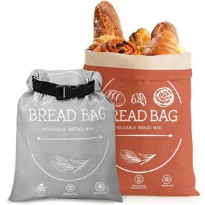 Bread Bags for Homemade, Beeswax Reusable Bread Bag for Sourdough 2-Pack, Large Linen Cotton Reusable Waxed Food Storage Bag to Keep Sourdough Fresh, Freezer-Safe (Orange&Grey)