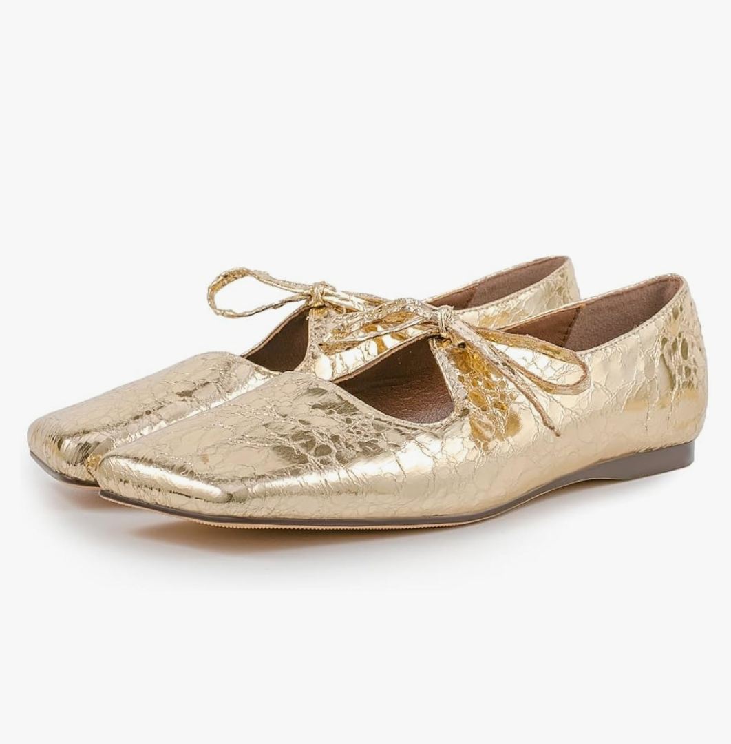 Bow Mary Jane Flats for Women,Square Toe Metallic Ballet Flats,Gold Slip on Comfortable Casual Daily Dress Ballerina Shoes
, Size 10
