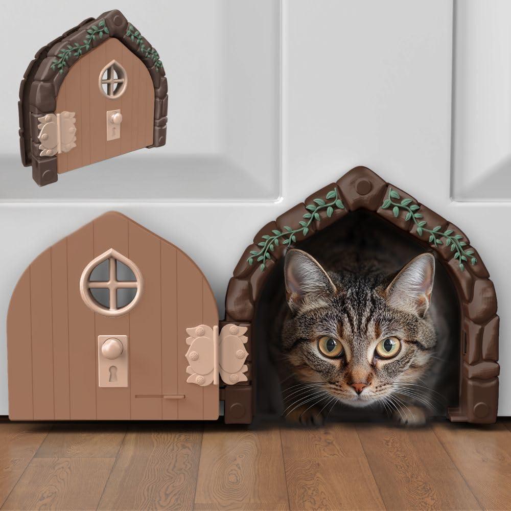 Fairy Door Interior Pet Door - Large Cat Door for Cats Up to 20 lbs, Durable & Versatile Indoor Kitty Door for Solid or Hollow Core, Stylish Cat Hole, Comfortable, Easy Install, with Tight Lock (Brown)