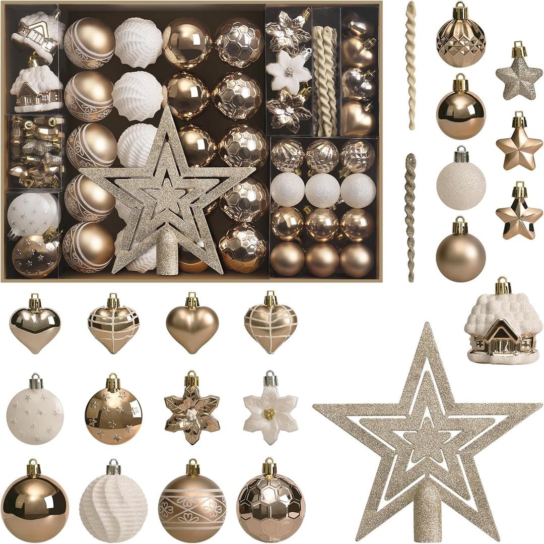 MoonXmas Christmas Ball Ornament Set, 88Pcs Plastic Shatterproof Christmas Xmas Tree Hanging Decorations, for Indoor Home Thanksgiving Halloween Party Decor - Champagne/White 