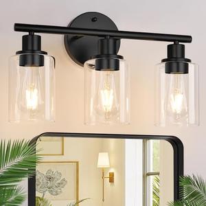  3-Light Bathroom Light Fixtures, Black Modern Vanity Lights with Clear Glass Shade, Bathroom Wall Lamp for Mirror Kitchen Living Room Hallway Cabinet Porch