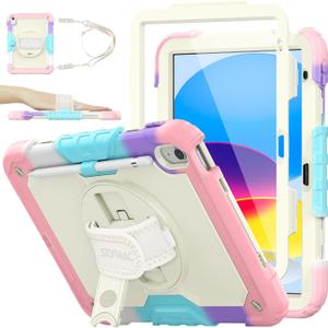 SEYMAC stock Case for iPad (A16) 11th/10th Generation 11''/10.9'' 2025/2022, Full-Body Drop Protection Case with Screen Protector &360 Rotate Hand Strap/Stand, Yellowish+Pink