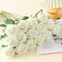 15Pcs Pearl White Roses Artificial Flowers Fake Roses Long Stem Velet Rose Silk Flowers for Home Wedding Decoration (Pearl Roses,White)
