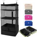 Caroeas Portable Hanging Travel Shelves Bag Suitcase Organizer Carry-on Closet Packing Cubes for Travel, 3-Shelf Suitcase Closet with 2 Hooks, Large Capacity, Black