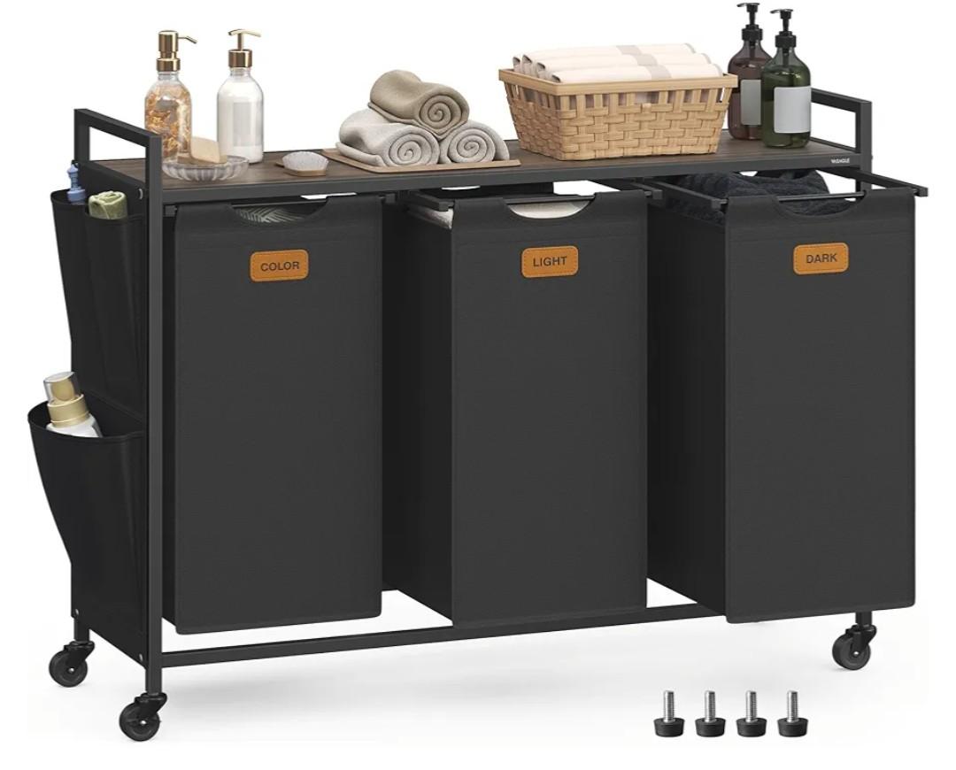 VASAGLE Laundry Hamper, Laundry Sorter Rolling Cart with Shelves, Small Side Pockets, 6 Labels, 3 Compartments, 39.6 Gal. (150 L), Ink Black and Ash Brown UBLH223BH01