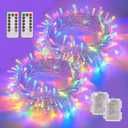 YEGUO Christmas Lights Battery Operated, 2 Pack Each 33ft 100 LED Multicolor String Lights Outdoor Waterproof,8 Modes Clear Wire Fairy Light Indoor with Remote