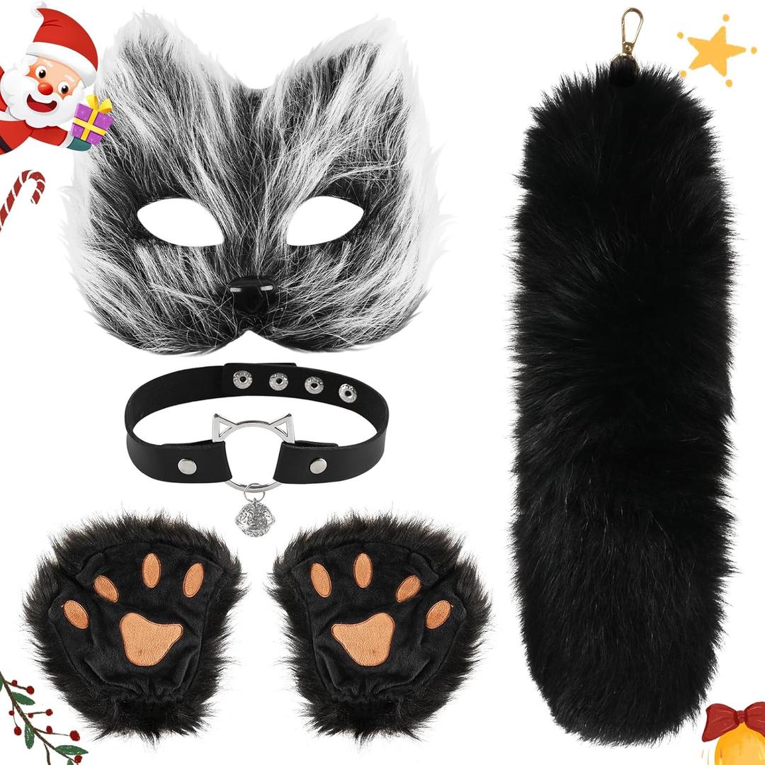 Therian Mask and Tail Set,Faux Fur Therian Tail Set,Therian Gear Paws,Fox Cat Mask Therian Tail For Christmas Party Cosplay (BLACK)
