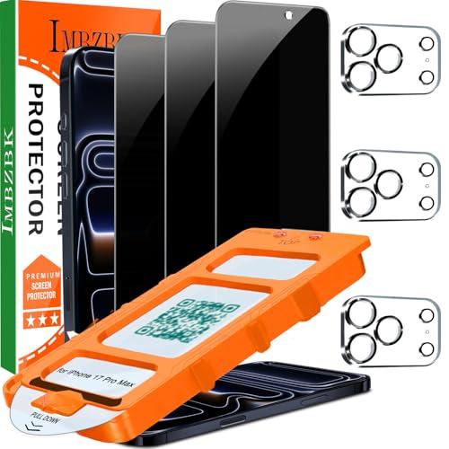 IMBZBK 3 Pack Privacy Screen Protector for iPhone 17 Pro Max, Auto-Dust Removal, Anti-Spy, Case Friendly, Military Grade Protection Tempered Glass with 3 Camera Lens Protectors, Accessories