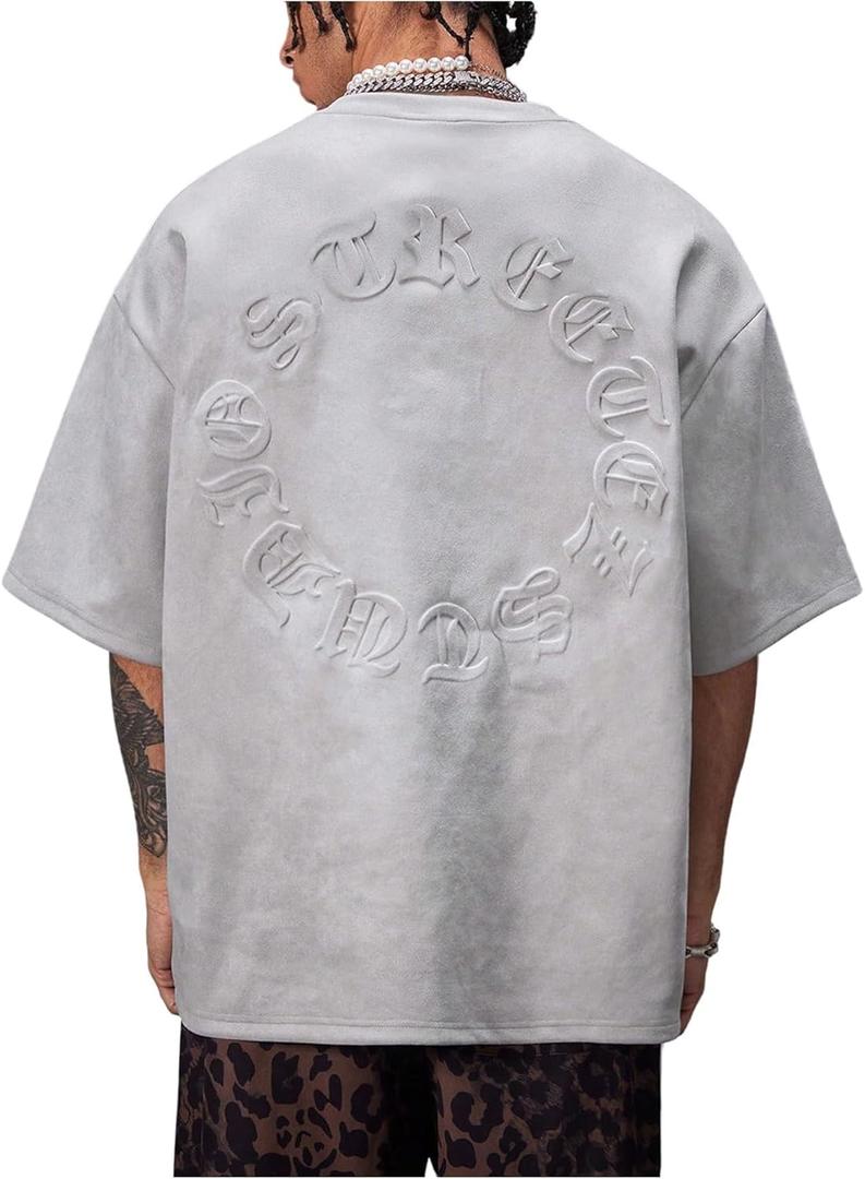 SHENHE Men's Oversized Graphic Tee Letter Embossed Short Sleeve Drop Shoulder Crewneck Streetwear Novelty T-shirt (Medium, Light Grey)