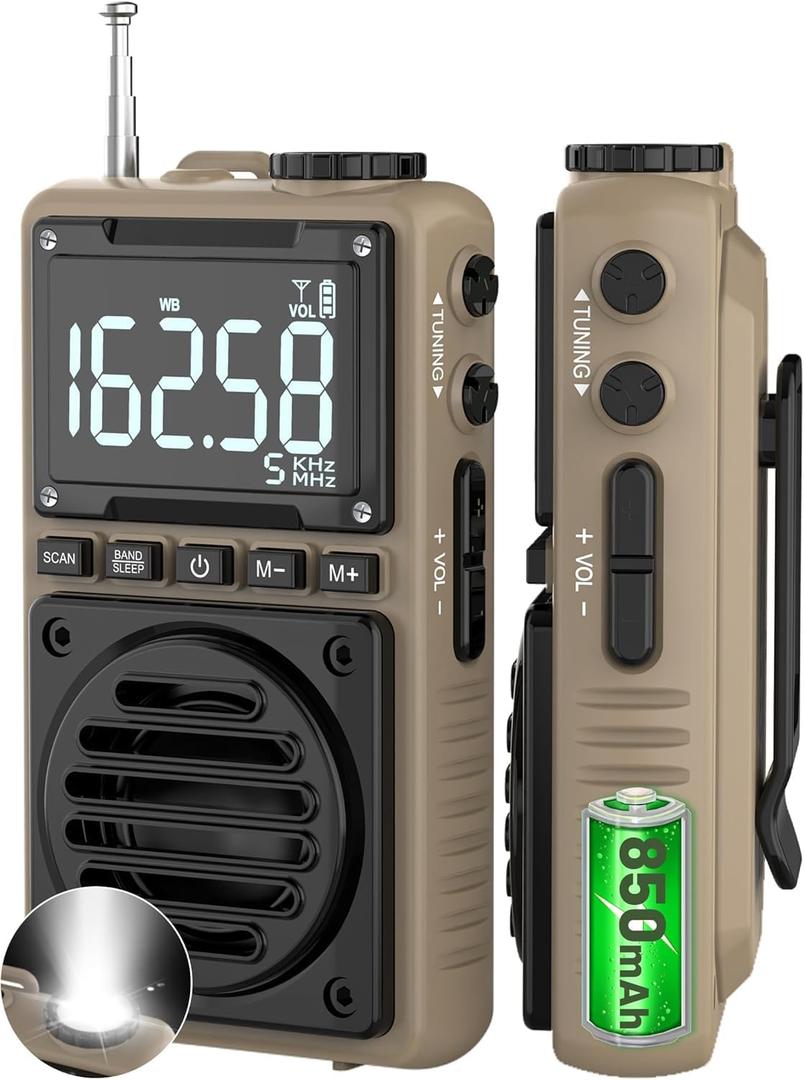 Digital AM FM Weather Band Radio 850mAh Rechargeable Battery | Portable Pocket Radio with Best Reception,Flashlight,LCD Screen, Back Clip,SOS Alarm,Sleep Timer for Jogging,Walking