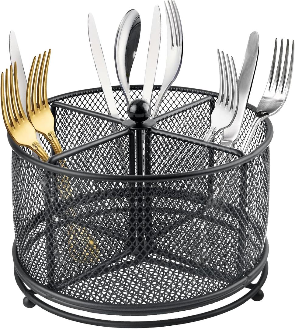 360 Rotating Metal Utensil Caddy - 4 Compartment Silverware Cutlery Holder Rotation Fork Spoon Napkin Organizer Flatware Storage Basket Party Countertop Buffet Picnic Camping Outdoor Black