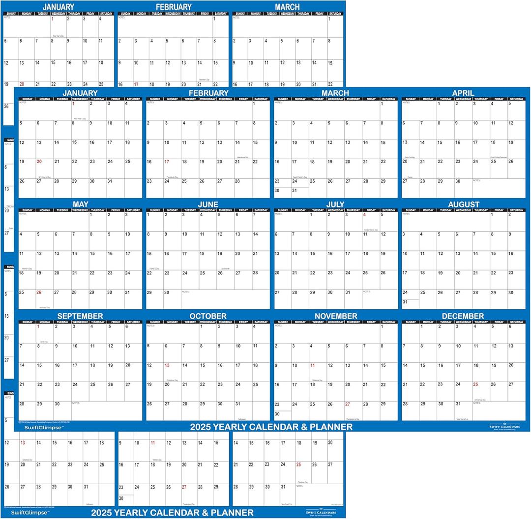 24" x 36" SwiftGlimpse 2025 Wall Calendar Erasable Large Wet & Dry Erase Laminated 12 Month Annual Yearly Wall Planner, Reversible, Horizontal/Vertical, Navy