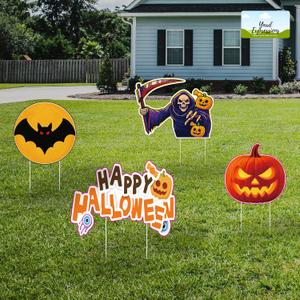 Yard Expressions 4pc Spooky Happy Halloween Yard Signs with Stakes - Easy to Install Halloween Yard Sign - Large 16" Waterproof Halloween Sign Yard  Durable, Reusable & Colorful Happy Halloween Lawn Sign