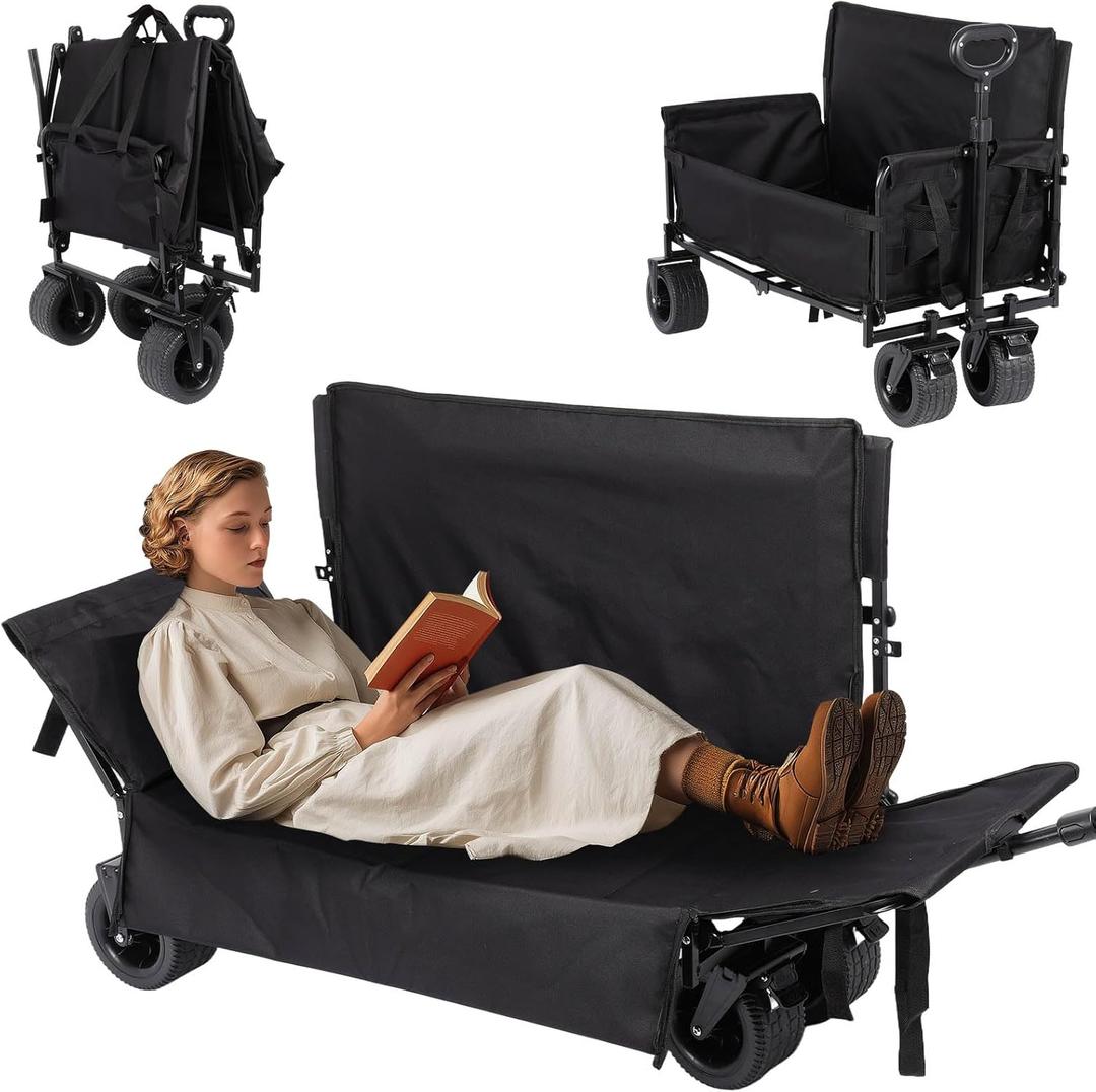 Portable Collapsible Folding Wagon, 550LBS Heavy Duty Utility Carts,Reclining Camper, Expandable Storage, Padded and Wheeled, All Terrain Wheels, Great for Camping, Outdoors, Shopping (Black)