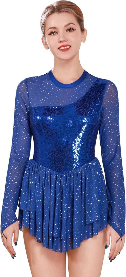 ODASDO Figure Skating Dress for Women Mesh Long Sleeve Sparkly Sequin Rhinestones Skirted Leotard Gym Ballet Dancewear (Blue, L)
