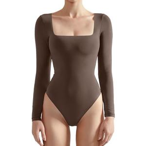SUUKSESS Women Square Neck Long Sleeve Bodysuit Sexy Thong Bodysuit Shirts S