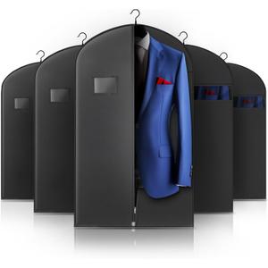 5 Pack 40-inch Suit Bag Garment Bag for Travel and Storage, Garment Bags for Hanging Clothes with Zipper and Visible Transparent Window, Black